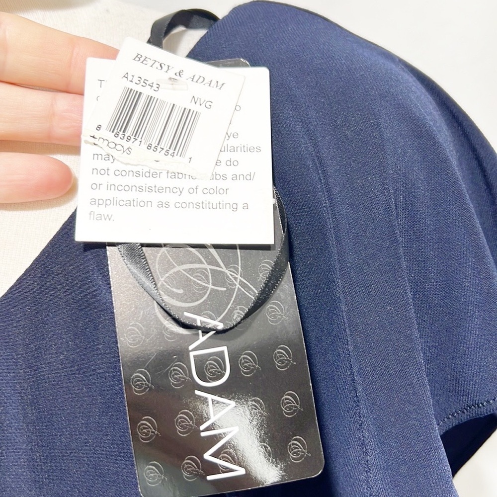 Betsy & Adam Navy Blue Gold Metal Mesh Ruffle One Shoulder Sheath Dress 4 NWT - Picture 11 of 13